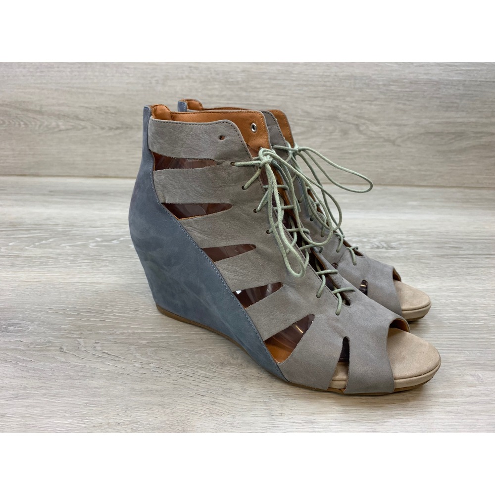 Gentle Souls Maeko Grey Blue Leather Lace Up Cutout Wedge Sandals Women's 7.5